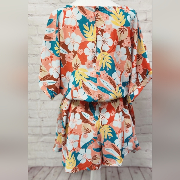 Tropical Trance Coral Tropical Floral Surplice Woven Romper - Picture 3 of 5